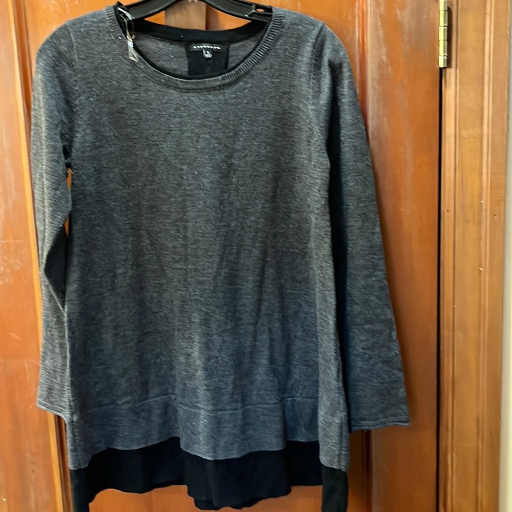 Tunic style long gray & black sweater with mock layer.button back. Small
